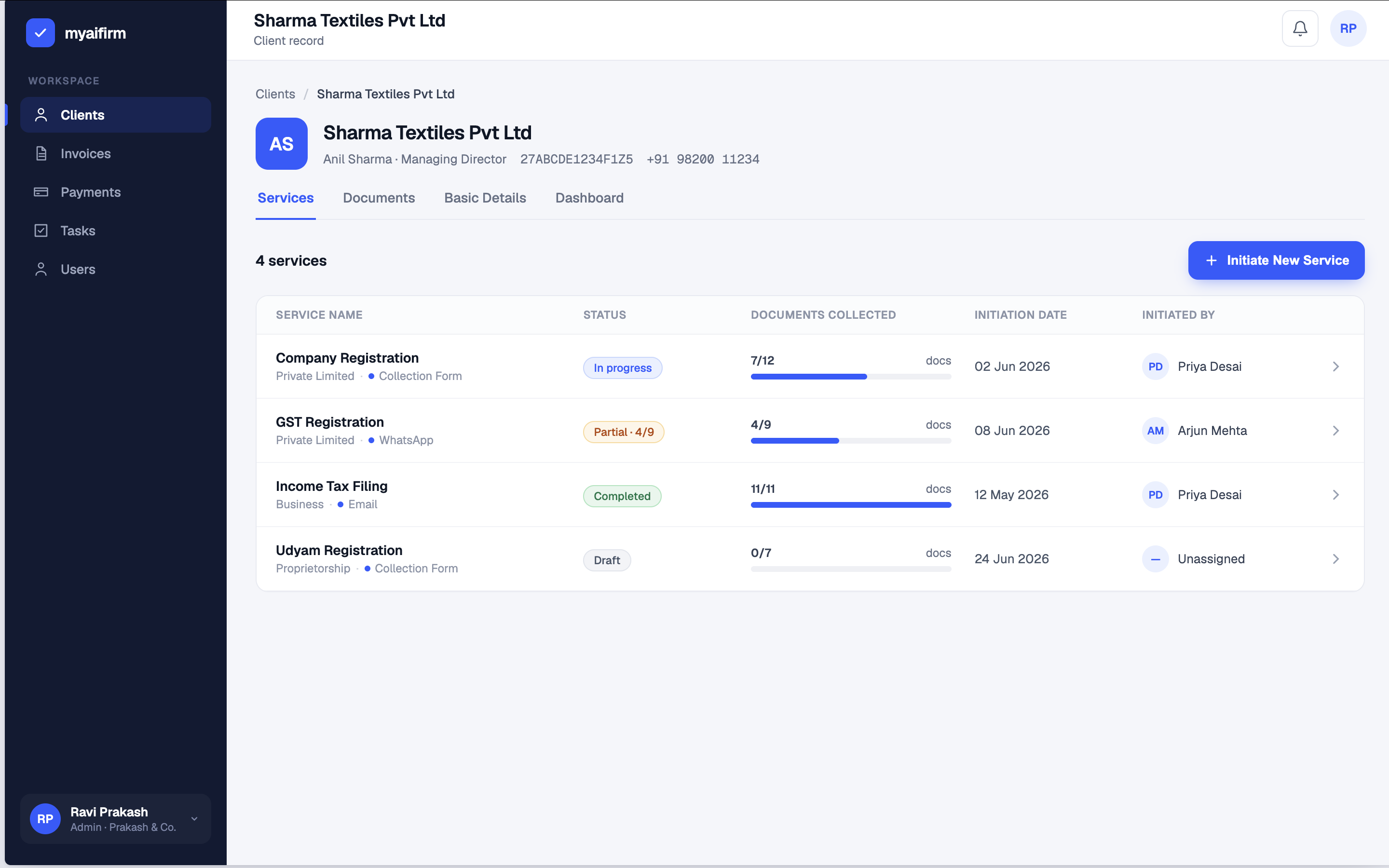 MyAIFirm client workspace showing services, document collection status, and team assignment